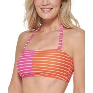 TOMMY HILFIGER Striped Bandeau Bikini Bra Top in Sail Away Striped Dahlia Soft L